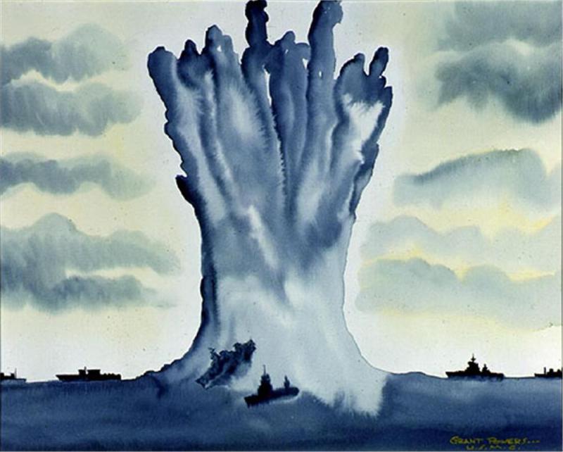 Battleship Arkansas being lifted by the underwater nuclear explosion of Operation Crossroads Baker. (U.S. Marine Corps Artist Grant Powers)