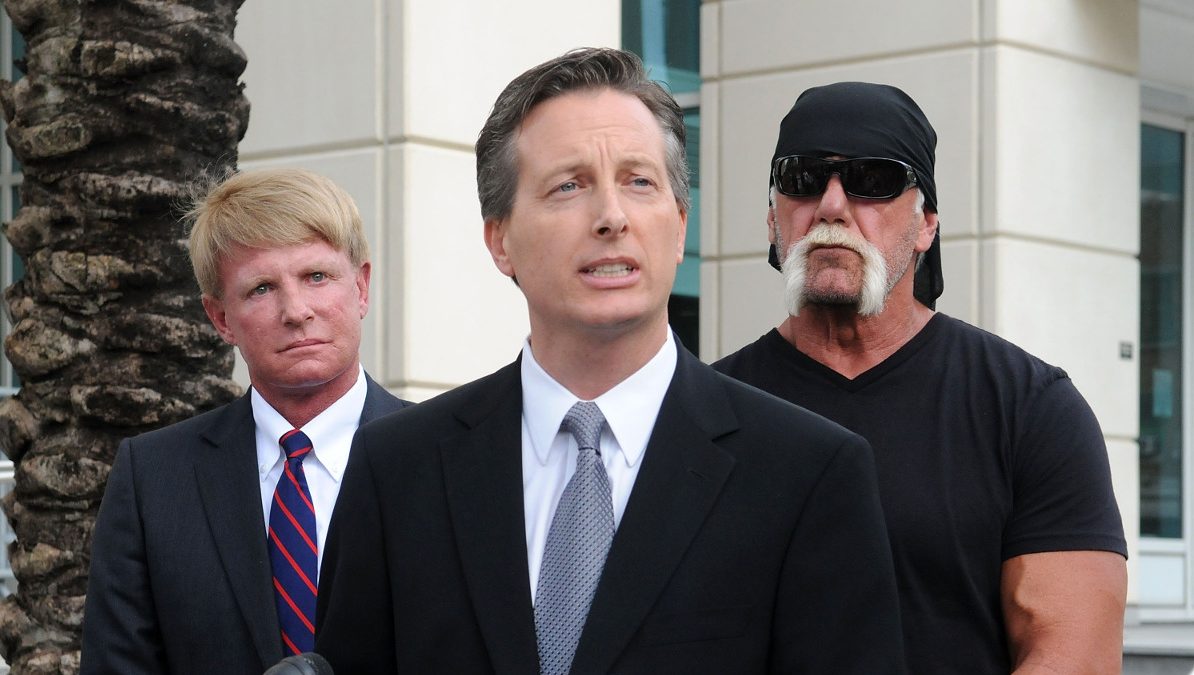 TV personality Terry Bollea aka Hulk Hogan (R) and his attorneys David Houston (L) and Charles Harder (C)  (Gerardo Mora/Getty Images)