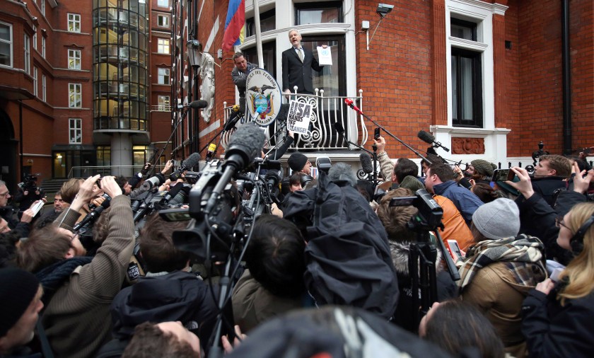 Wikileaks founder Julian Assange speaks from the balcony of the Ecuadorian embassy where he continues to seek asylum following an extradition request from Sweden in 2012, on February 5, 2016 in London, England. The United Nations Working Group on Arbitrary Detention has insisted that Mr Assange's detention should be brought to an end. (Carl Court/Getty Images)