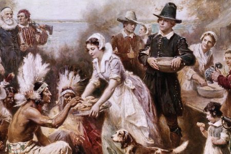 Painting by J.L.M. Ferris of the first Thanksgiving ceremony with Native Americans and the Pilgrims in 1621. (Getty Images)