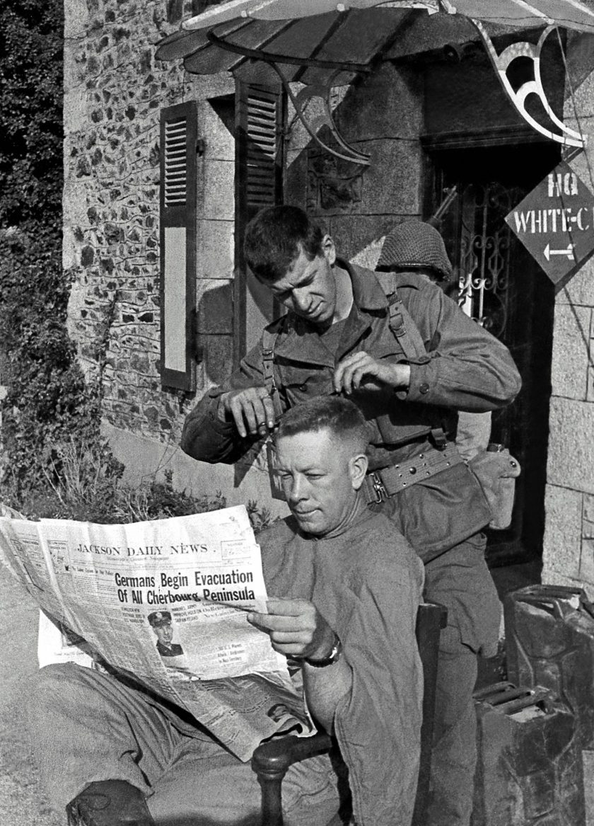 Major Leniel MacDonald and Captain Henry "Bug" Fleming in Britanny, France in August of 1944. (Tony Vaccaro/Getty Images)