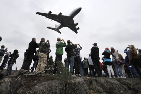 People watch a Lufthansa Airbus-380, the world's largest airliner with a capacity of 526 passengers, at the Helsinki-Vantaa Airport, on September 15, 2010. (Jussi Nukari/AFP/Getty Images)