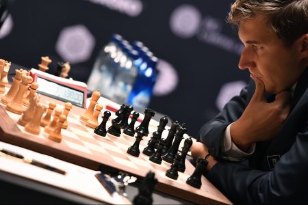 Challenger Sergey Karjakin of Russia concentrates during his World Chess Championship 2016 round 1 match against Chess grandmaster and current world chess champion Magnus Carlsen of Norway, in New York on November 11, 2016. / AFP / Jewel SAMAD        (Photo credit should read JEWEL SAMAD/AFP/Getty Images)