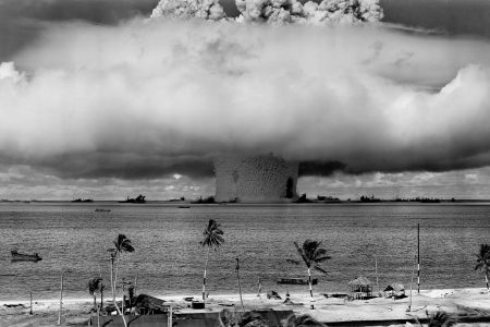 A 21 kiloton underwater nuclear weapons effects test, known as Operation Crossroads  or the Baker Test, conducted at Bikini Atoll in 1946. (United States Department of Defense)