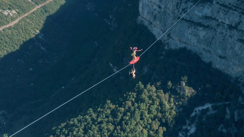 The Flying Frenchies are surfing 75Km on Slackline in the Vercors Massif in France. (Courtesy Red Bull)