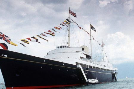 UNITED KINGDOM - JANUARY 01:  Hmy Britannia At Sea With Union Jack Flags As Bunting And Royal Standards.circa 1990s  (Photo by Tim Graham/Getty Images)