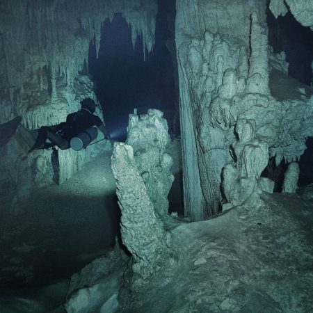 Exploring an Underwater Cave in the Yucatan Peninsula