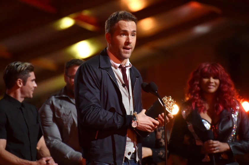 Ryan Reynolds onstage during the 2016 MTV Movie Awards at Warner Bros. Studios on April 9, 2016 in Burbank, California. MTV Movie Awards (Jeff Kravitz/FilmMagic for MTV)