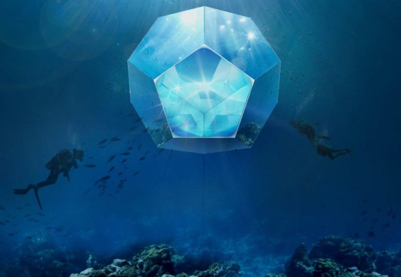 Three underwater, geometric submersible environments with composite materials, mirror, and live video feed, courtesy of Doug Aitken Workshop, Parley for the Oceans, and The Museum of Contemporary Art, Los Angeles (Conner MacPhee)