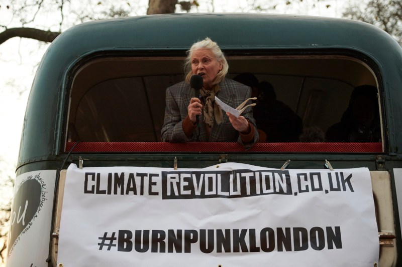 British fashion designer Vivienne Westwood addresses a crowd next to Chelsea Embankment who had gathered to witness her son, Joe Corre, burn his collection of punk memorabilia on a boat moored on the river Thames in London (NIKLAS HALLE'N/AFP/Getty Images)