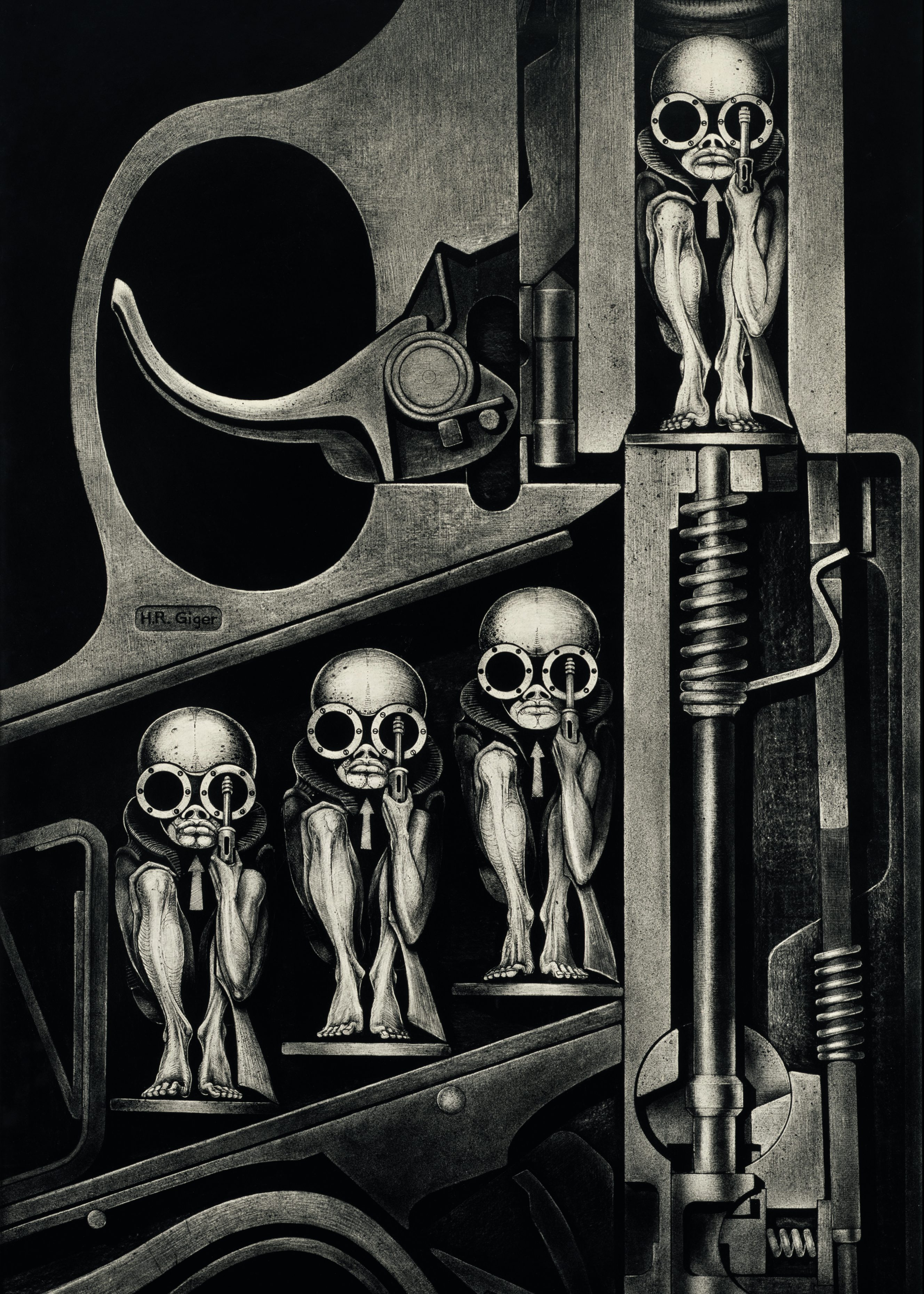 Gebärmaschine, 1967, India ink on Transcop on paper on wood (Carmen Giger/HR Giger Estate)