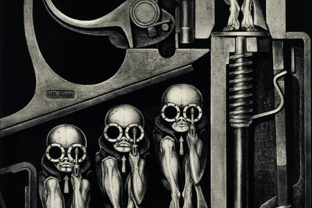 Gebärmaschine, 1967, India ink on Transcop on paper on wood (Carmen Giger/HR Giger Estate)