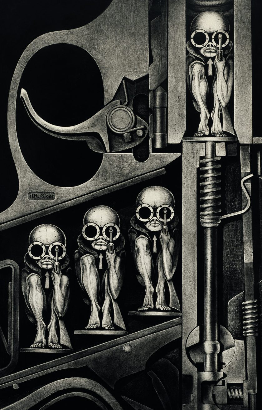 Gebärmaschine, 1967, India ink on Transcop on paper on wood (Carmen Giger/HR Giger Estate)