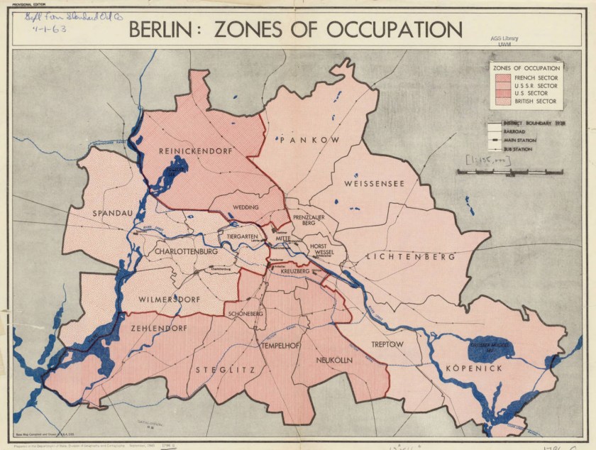 Map of Post-War Berlin in 1945, showing the divided sections of the city claimed by Allied powers. (Central Intelligence Agency)