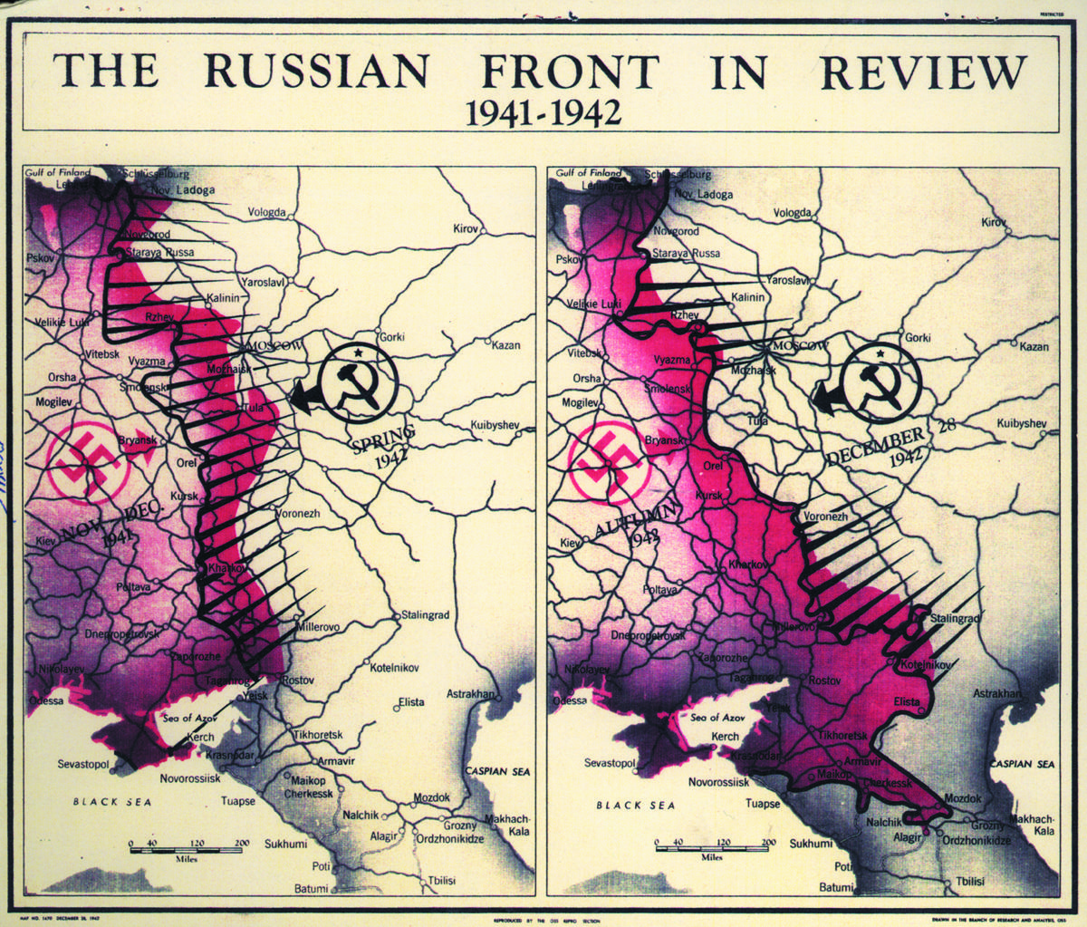 Map of the Nazi retreat from Russia after it failed to take Moscow from the Soviets in the winter of 1941 and 1942, a turning point in the war. (Central Intelligence Agency)