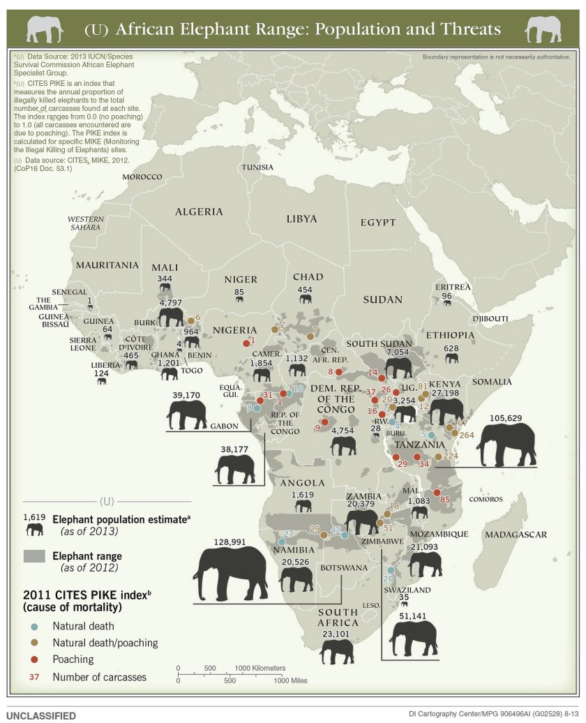 Elephant population and range across Africa, circa 2013. (Central Intelligence Agency)