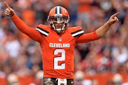 Quarterback Johnny Manziel #2 of the Cleveland Browns celebrates after a touchdown during the fourth quarter against the San Francisco 49ers at FirstEnergy Stadium on December 13, 2015 in Cleveland, Ohio. (Andrew Weber/Getty Images)