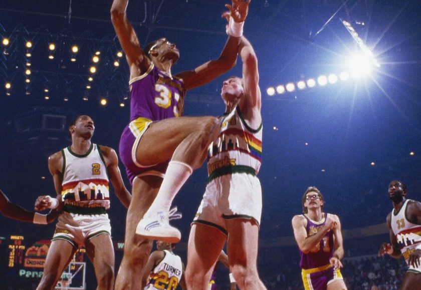 Los Angeles Lakers' center Kareem Abdul-Jabbar #33 jumps for a layup during a game against the Denver Nuggets circa the 1980's in Denver, Colorado. (Focus on Sport/Getty Images)