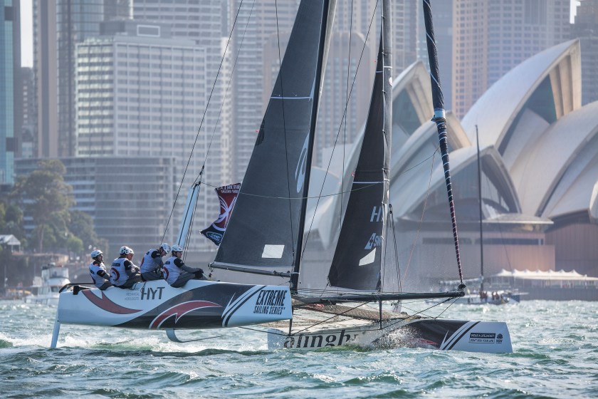 Alinghi of Switzerland compete in their GC32 hydro-foiling catamaran during day 3 of the eighth and final act of the Extreme Sailing Series in Sydney, Australia on December 10, 2016. (Dean Treml/Red Bull Content Pool)