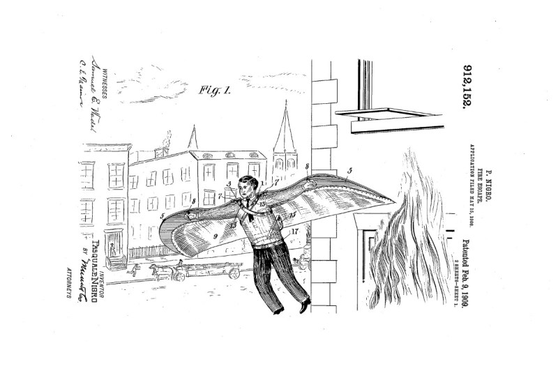 Pasquale Nigro’s 1909 patent for a winged fire escape invention (GOOGLE PATENT US 912152 A)