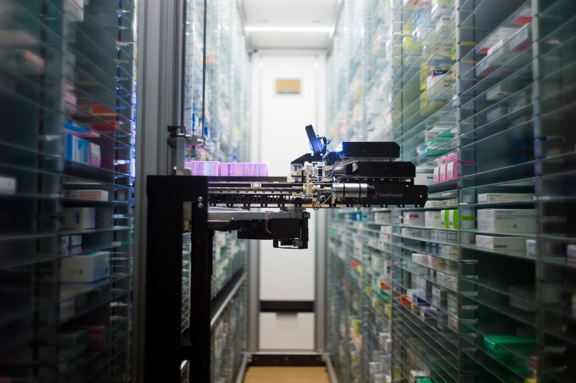 A picture shows a robot which grabs medicines in the pharmacy of the Argenteuil hospital, in a Paris suburb, on July 23, 2013. (Fred Dufour/AFP/Getty Images)