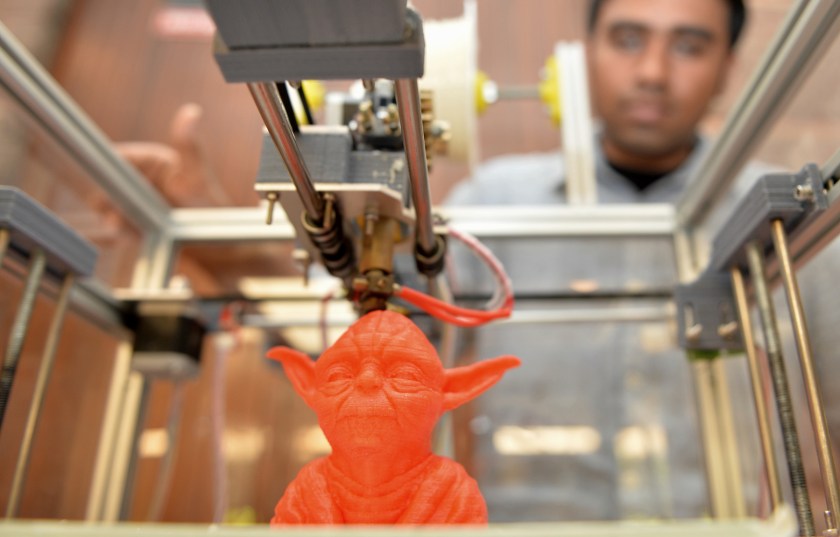 A bust of Star Wars film character Yoda is seen printed on a portable 3D printer during the Pravega 2014 science and technology festival at the Indian Institute of Science (IISc) in Bangalore on January 31, 2014. The inaugural event, aimed at celebrating science and innvation with fun, will be held annually. (Manjunath Kiran/AFP/Getty Images)