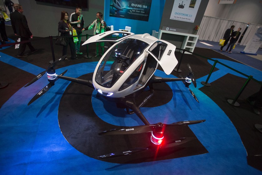 An Ehang 184 autonomous personal helicopter is displayed during the 2017 Consumer Electronic Show (CES) in Las Vegas, Nevada, January 6, 2017. (David McNew/AFP/Getty Images)