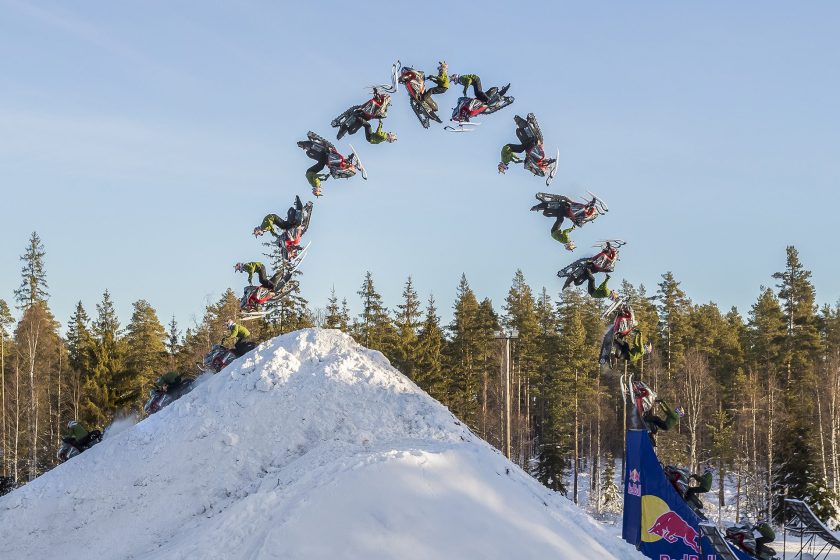 A photo compsite showing Daniel Bodin in various stages of completing the worlds first double backflip with a snowmobile. (Richard Ström/Red Bull Content Pool)