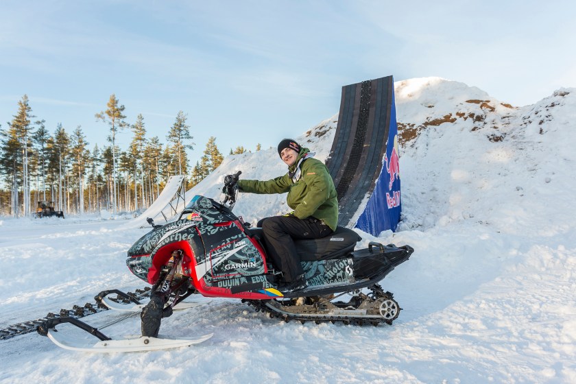 Daniel Bodin posing for a portrait before completing the worlds first double backflip with a snowmobile. (Richard Ström/Red Bull Content Pool)