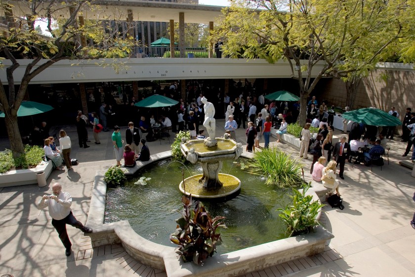 Students and others gather at Beckman Hall on the grounds of the Harvey Mudd College Campus. (Ted Soqui/Corbis via Getty Images)