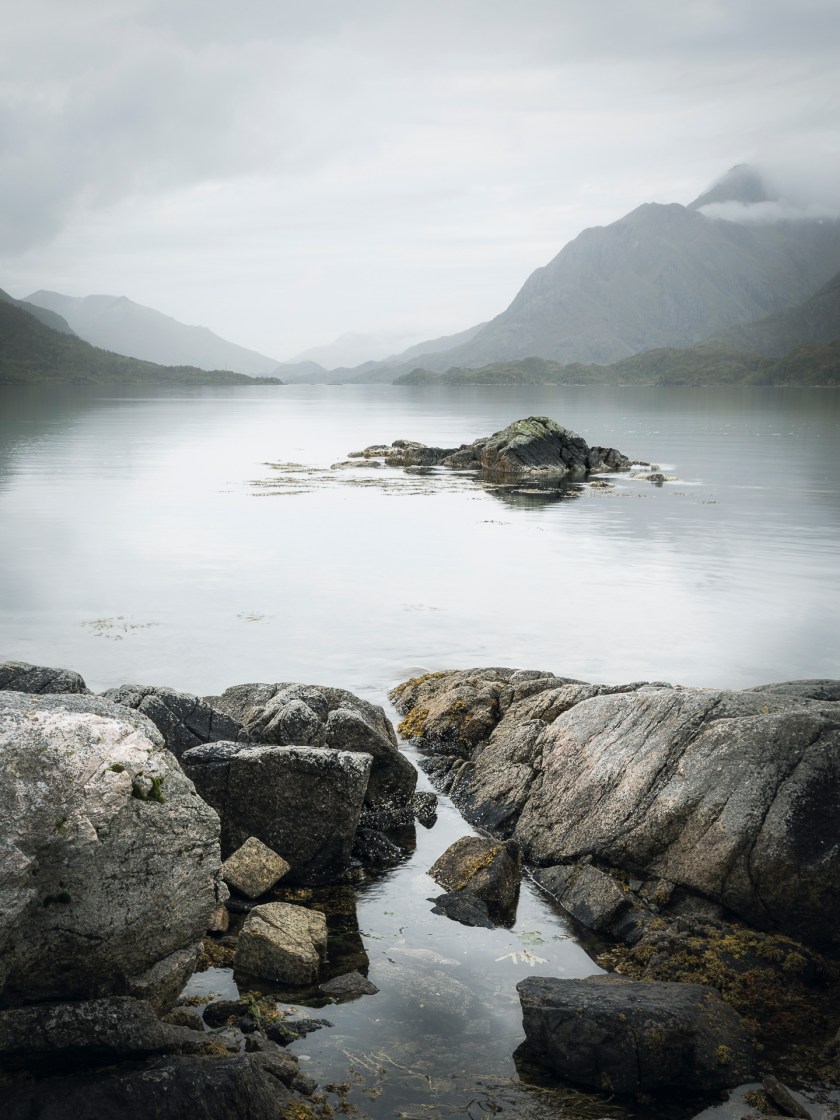 "Having driven several miles up a minor road, we came to the small harbour at Holm. After a short walk, we were presented with this wonderful view up a small side-branch of Gavlfjorden. The soft, misty light and the calmness of the water were perfect for conveying the peace and tranquillity we were privileged to enjoy." (Pete Hyde)