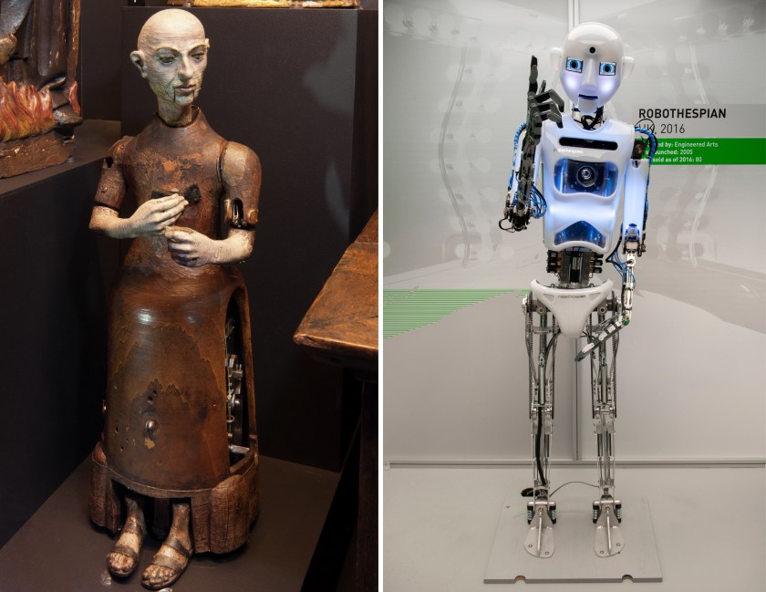 Left: Automaton monk, attributed to Gianello Torriano, Spain, circa 1560 (Smithsonian Institution) Right: RoboThespian (The Board of Trustees of the Science Museum)