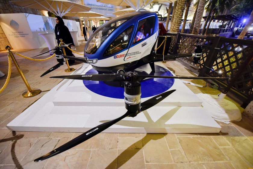 A model of the EHang 184 autonomous aerial vehicle is displayed at the World Government Summit 2017 in Dubai's Madinat Jumeirah on February 13, 2017. (Stringer/AFP/Getty Images)