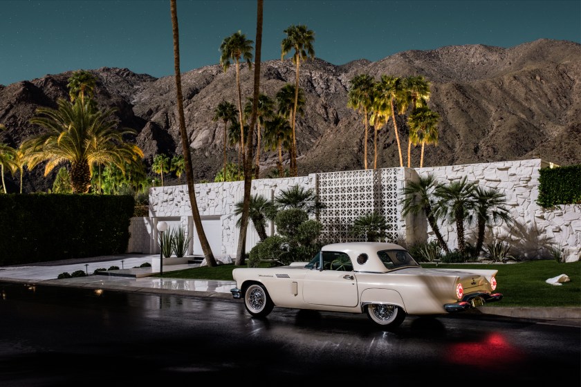 Designed by Hal Levitt in 1961; with a 1957 Ford Thunderbird in the driveway (Midnight Modern by Tom Blachford, published by powerHouse Books)