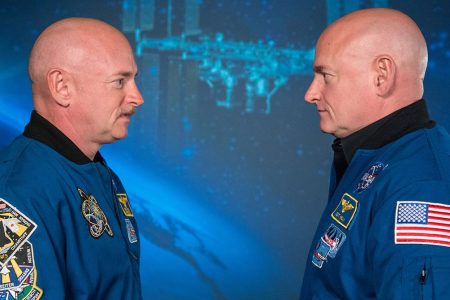 Expedition 45/46 Commander, Astronaut Scott Kelly along with his brother, former Astronaut Mark Kelly speak to news media outlets about Scott Kelly's 1-year mission aboard the International Space Station.  Photo Date: January 19, 2015.  Location: Building 2.  (Robert Markowitz/NASA)