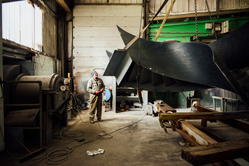 Helical Staircase in Workshop, designed by Finkernagel Ross Architects, in Littlehampton, United Kingdom. (Will Scott)