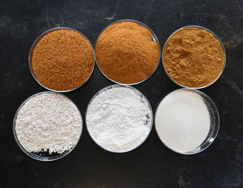 Here, dried and ground tomato skins (top) and eggshells (bottom) are shown after coarse, medium, and fine processing before being added to rubber (Kenneth Chamberlain/The Ohio State University)