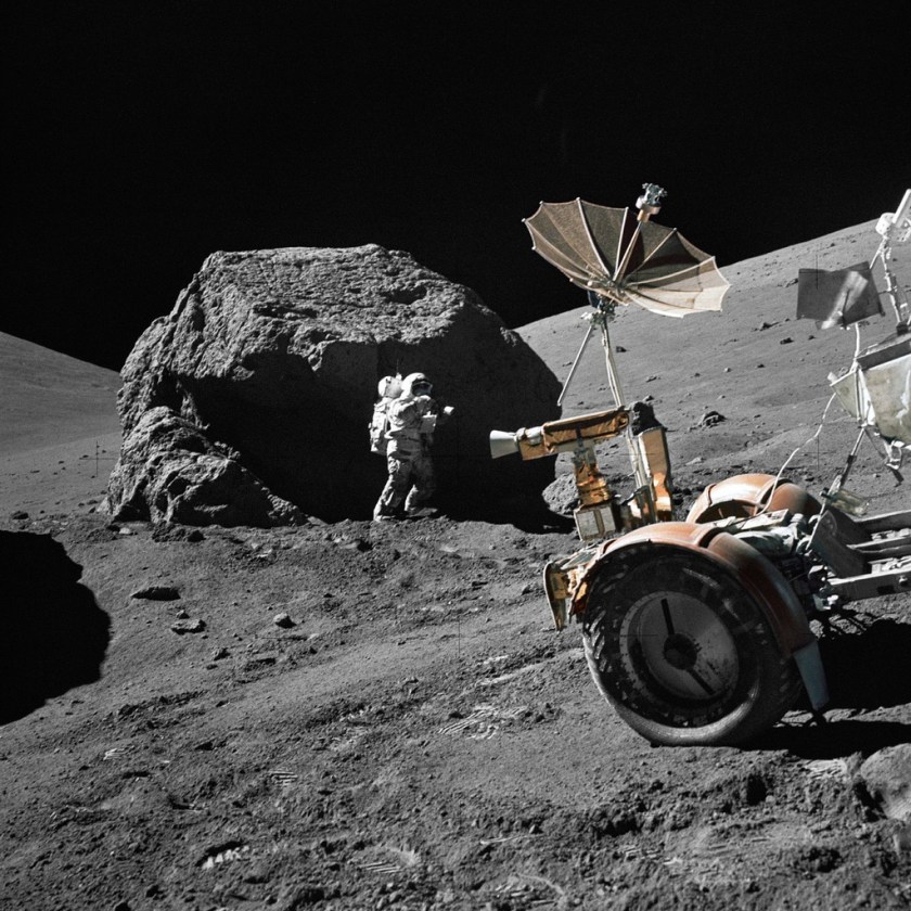 Astronaut Harrison H. Schmitt working on the Moon during the Apollo 17 mission on December 13, 1972. (NASA/Goddard Space Flight Center)