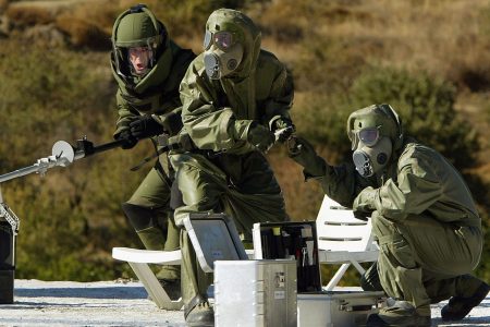 Members of the Czech Nuclear, Biological and Chemical Defense Team take part in the NATO Response Force demonstration on the exercise field November 20, 2003 in Doganbey, Turkey. (Scott Barbour/Getty Images)