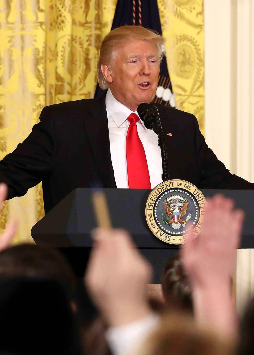 U.S. President Donald Trump answers questions from the media during a news conference announcing Alexander Acosta as the new Labor Secretary nominee in the East Room at the White House on February 16, 2017 in Washington, DC. (Mark Wilson/Getty Images)