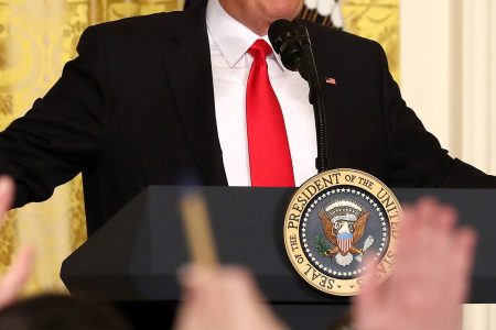 U.S. President Donald Trump answers questions from the media during a news conference announcing Alexander Acosta as the new Labor Secretary nominee in the East Room at the White House on February 16, 2017 in Washington, DC. (Mark Wilson/Getty Images)