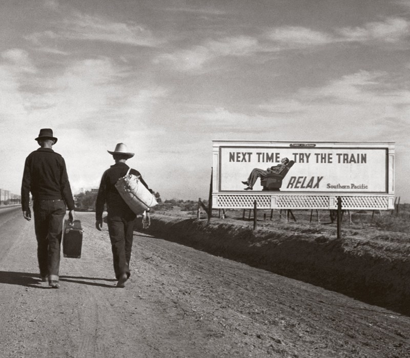 Farmers from the Dust Bowl regions laid waste by drought follow Route 66 on their way to California -photo titled Toward Los Angeles by Dorothea Lange, 1937 (Dorothea Lange/Bettmann Archive/Getty Images)