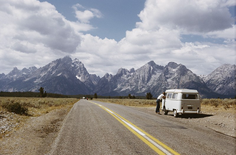 Traveling in a Volkswagen Bus on the way to the Teton Range in the Rocky Mountains, Wyoming, 1965 (Archive Photos/Getty Images)