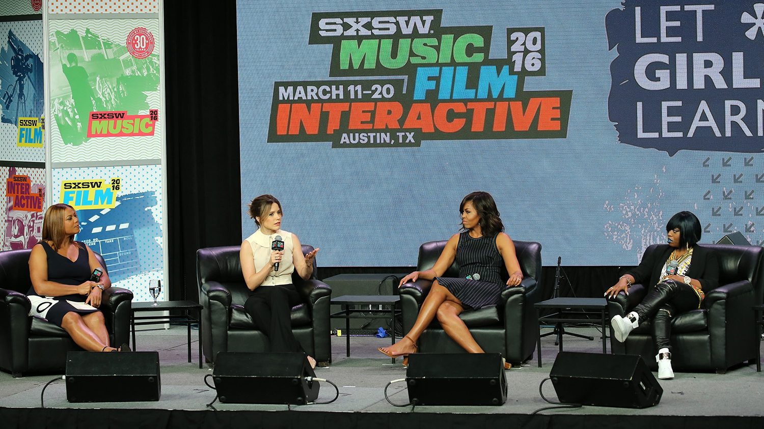 First Lady Michelle Obama, Sophia Bush, Queen Latifah and Missy Elliott speak on stage during the SXSW Keynote: Michelle Obama during 2016 SXSW Music, Film + Interactive Festival at Austin Convention Center on March 16, 2016 in Austin, Texas.  (Neilson Barnard/Getty Images for SXSW)