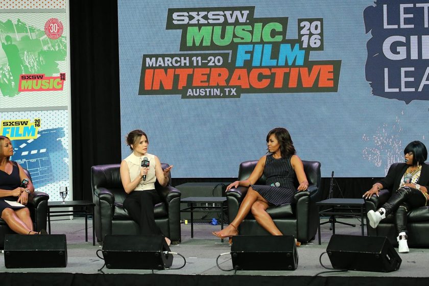 First Lady Michelle Obama, Sophia Bush, Queen Latifah and Missy Elliott speak on stage during the SXSW Keynote: Michelle Obama during 2016 SXSW Music, Film + Interactive Festival at Austin Convention Center on March 16, 2016 in Austin, Texas. (Neilson Barnard/Getty Images for SXSW)