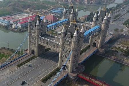 Different from the London original, the Suzhou copycat has four interconnected towers to carry more lanes of motorway. The local government copied 56 famous bridges onto its river in a bid to attract tourists in 2012.
(Feature China/Barcroft Images /Barcroft Media via Getty Images)