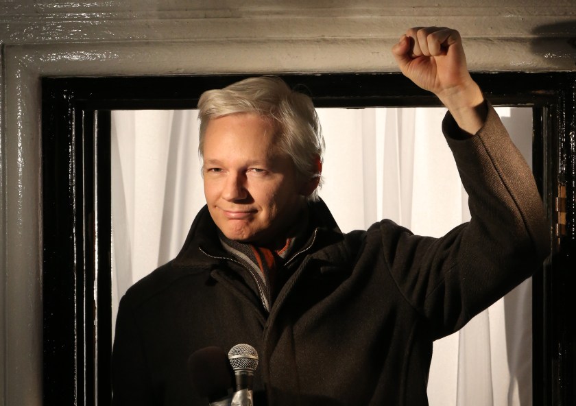 Wikileaks founder Julian Assange speaks from the Ecuadorian Embassy on December 20, 2012 in London, England. Mr Assange has been living in the embassy since June 2012 in an attempt to avoid extradition to Sweden where he faces allegations of sexual assault. (Peter Macdiarmid/Getty Images)