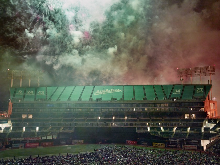 Night on the Green fireworks, Oakland, California, 2014; from Fantasy Life: Baseball and the American Dream (Tabitha Soren/Aperture, 2017)