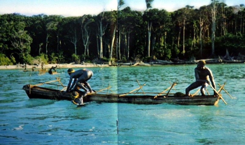 In this undated photo released by the Anthropological Survey of India, Sentinelese tribe men row their canoe in India's Andaman and Nicobar archipelago. Government officials and anthropologists believe that ancient knowledge of the movement of wind, sea and birds may have saved the five indigenous tribes on the Indian archipelago of Andaman and Nicobar islands from the tsunami that hit the Asian coastline Dec. 26, 2004. (AP Photo/Anthropological Survey of India, HO)