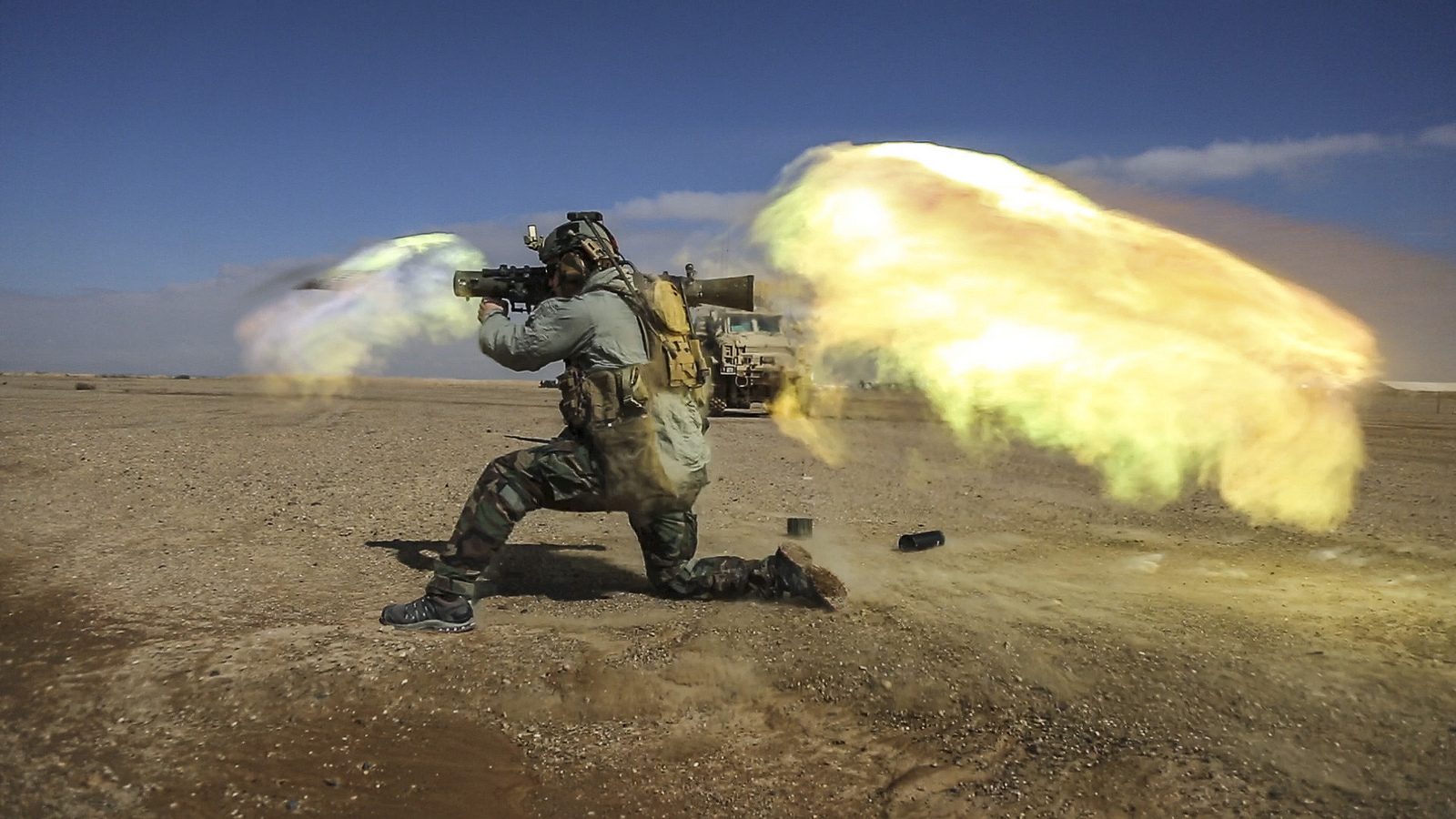 A coalition force member fires a Carl Gustav recoilless rifle system during weapons practice on a range in Helmand province, Afghanistan, Feb. 16, 2013. Coalition force members test fire various weapons systems on the range to check accuracy. (U.S. Army photo by Sgt. Benjamin Tuck)